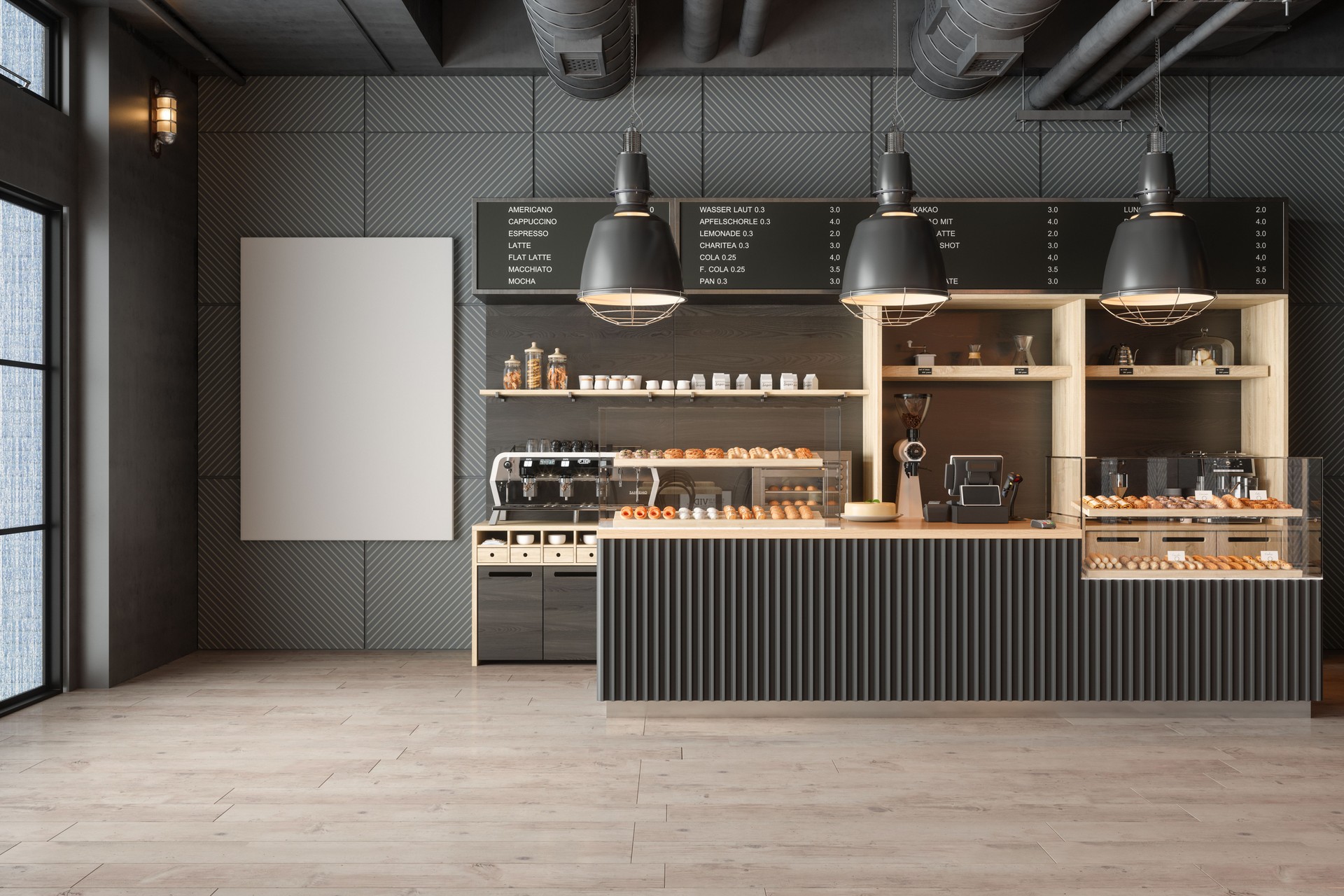 Leeres Café-Interieur mit Kaffeemaschine, Gebäck und leerem Poster an der Wand