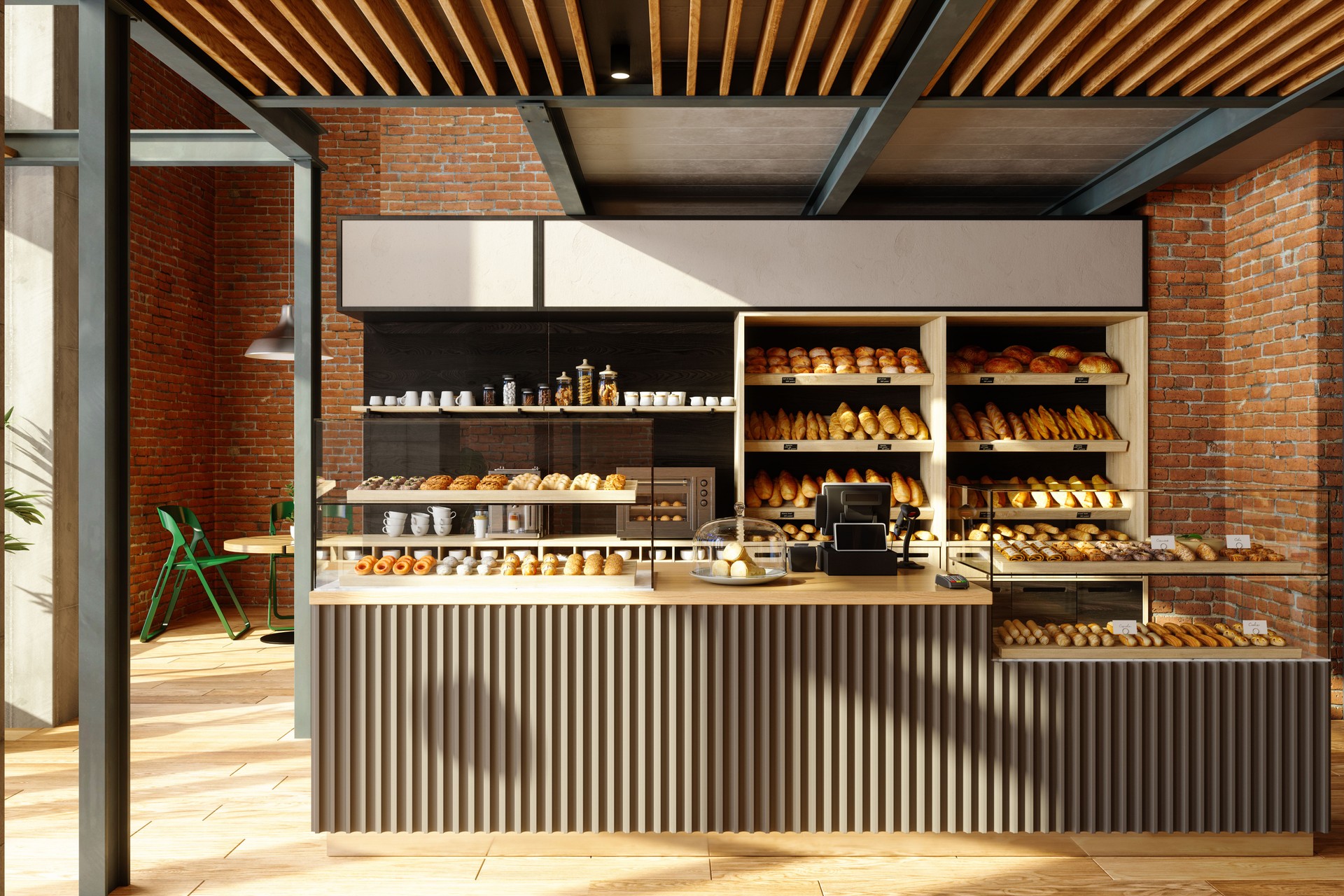 Bäckerei Shop Interieur mit verschiedenen Broten und Brötchen in den Regalen